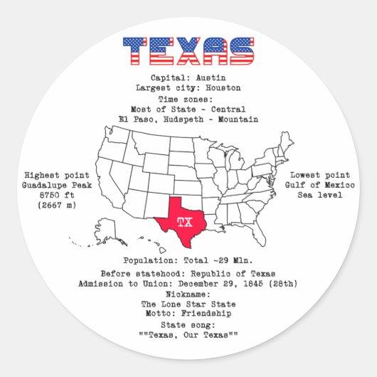 テキサス州アメリカの州地図と有用な情報 ラウンドシール (正面)