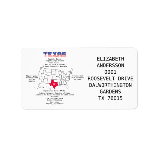 テキサス州アメリカの州地図と有用な情報 ラベル (正面)