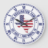 テキサス州アメリカ国旗の地図ファミリー名日付estd Loc ラージ壁時計 (正面)