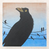 テキサス州オースティンのクロガラスの黒い鳥の野生生物の絵 ガラスコースター (正面)