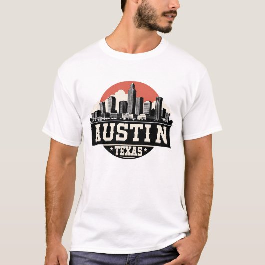 テキサス州オースティン市街のレトロな黒白アート Tシャツ (正面)
