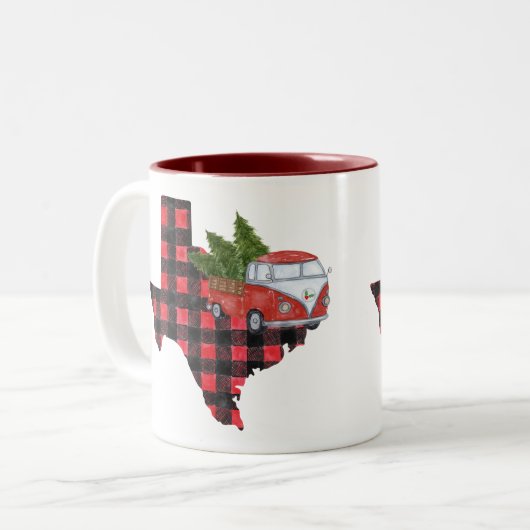 テキサス州クリスマスバッファロープレイドレッドピックアップトラック ツートーンマグカップ (正面左)
