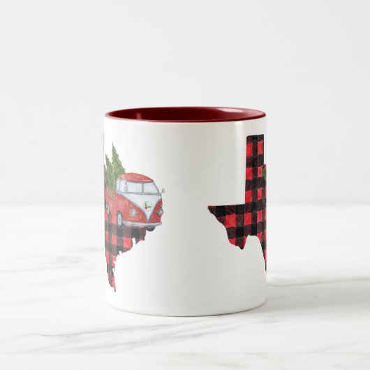 テキサス州クリスマスバッファロープレイドレッドピックアップトラック ツートーンマグカップ (中央)