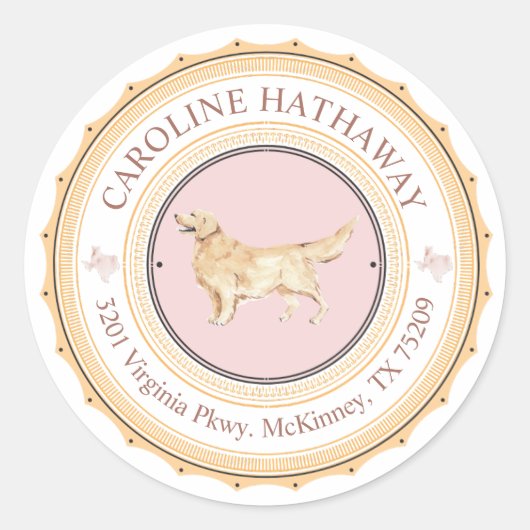 テキサス州ゴールデンレトリーブドッグ差出人住所シール ラウンドシール (正面)