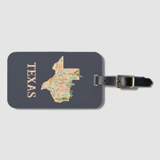 テキサス州サボテン水彩イラストレーションマップ旅行 ラゲッジタグ (正面横)