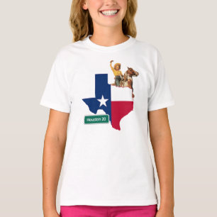 テキサス州シェイプ国旗の女性のカーボーイとヒューストンロードサイン Tシャツ