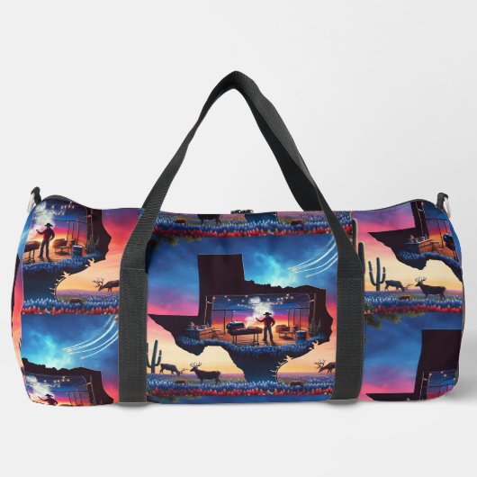 テキサス州シェイプBBQピットカウボーイディアサンセット ダッフルバッグ (正面)