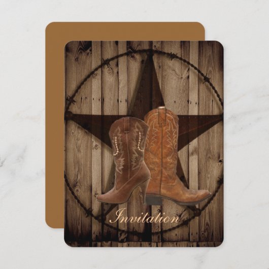 テキサス州スターカウボーイブーツカントリーウェスタン結婚ズ 招待状 (正面/裏面)