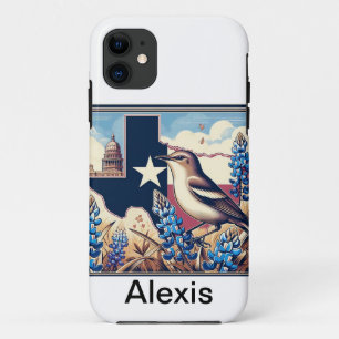 テキサス州ノーザンモッキンバードとブルーボンネットの花 iPhone 11 ケース