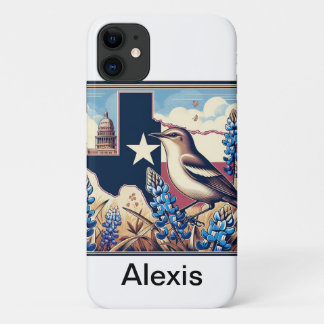 テキサス州ノーザンモッキンバードとブルーボンネットの花 iPhone 11 ケース