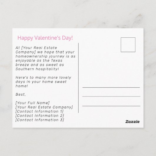 テキサス州バレンタインデー不動産仲介業者マーケティングはがき ポストカード (裏面)