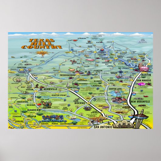 テキサス州ヒルカントリー地図のポスター ポスター (正面)
