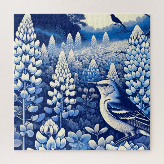 テキサス州ブルーボンネットと北モッキンバードテシャン ジグソーパズル (縦)