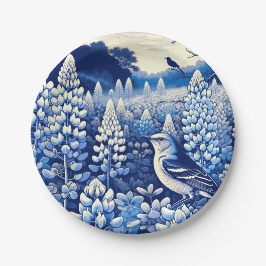 テキサス州ブルーボンネットと北モッキンバードテシャン ペーパープレート (正面)