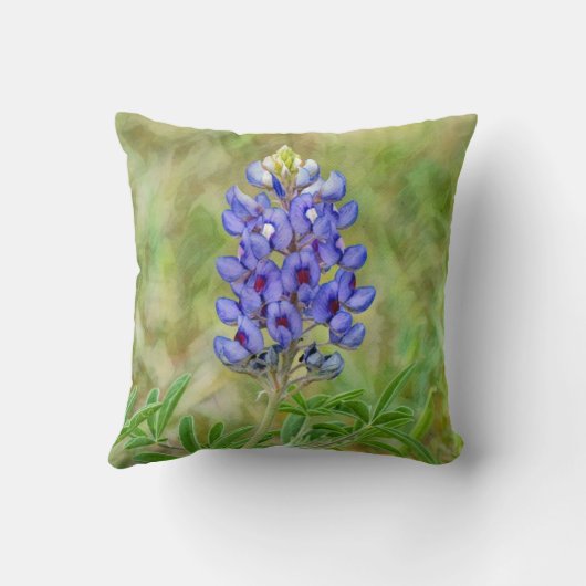 テキサス州ブルーボンネットフラワーブルーグリーンアート枕 クッション (裏面)