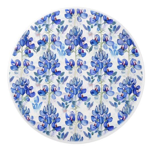 テキサス州ブルーボンネットブルーワイルドフラワーフローラルパターン セラミックノブ (正面)