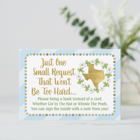 テキサス州ブルー金ゴールド赤ちゃんシャワーがブックカードを持ってくる 招待状 (スタンド正面)