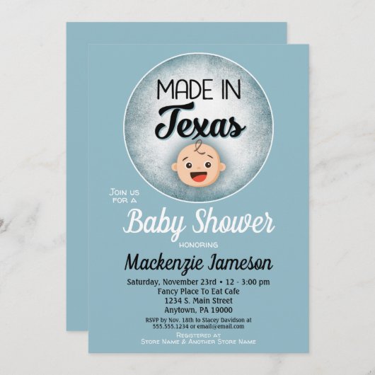 テキサス州ベビーシャワーブルーおもしろいボーイズ招待状 招待状 (正面/裏面)