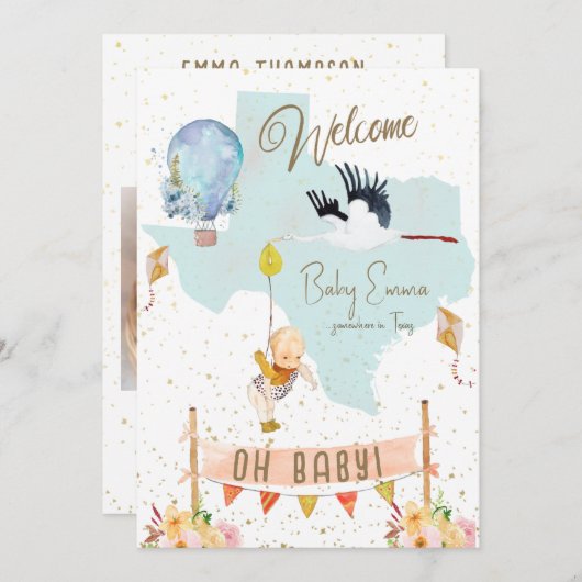 テキサス州ベビー誕生発表風船花 招待状 (正面/裏面)