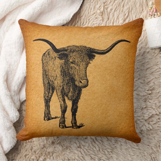 テキサス州ロングホーンブル素朴ヴィンテージウエスタンアート クッション (ブランケット)