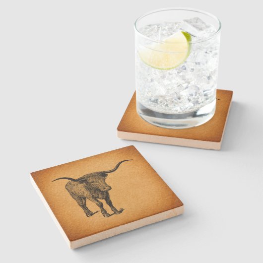 テキサス州ロングホーンブル素朴ヴィンテージウエスタンアート ストーンコースター (横)