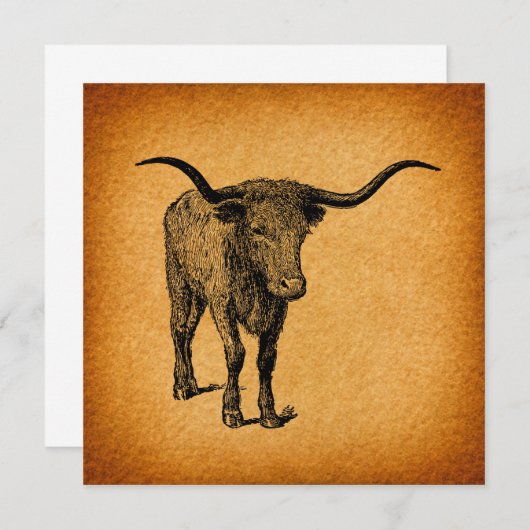 テキサス州ロングホーンブル素朴ヴィンテージウエスタンアート 招待状 (正面/裏面)