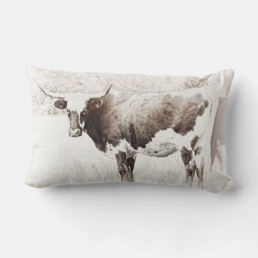 テキサス州ロングホーンヴィンテージスタイルカウセピア素朴 ランバークッション (裏面)