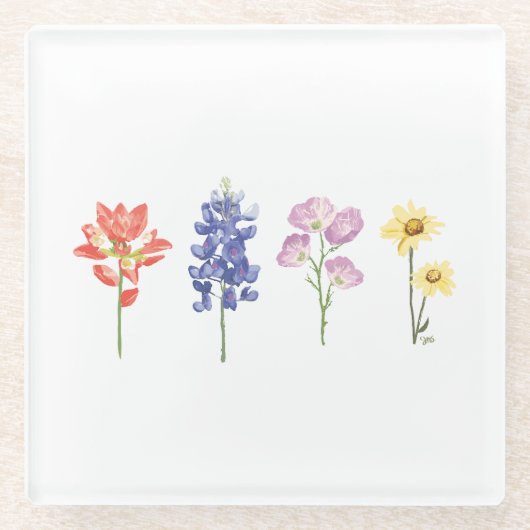 テキサス州ワイルドフラワーズ – インディアンペイントブラシ， Bluebonnet ガラスコースター (正面)