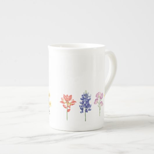 テキサス州ワイルドフラワーズ – インディアンペイントブラシ, Bluebonnet ボーンチャイナマグカップ (正面右)