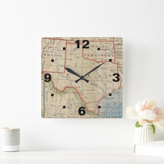 テキサス州ヴィンテージマップ付き時計1888スタイルを選択 スクエア壁時計 (ホーム)