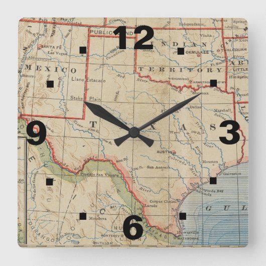 テキサス州ヴィンテージマップ付き時計1888スタイルを選択 スクエア壁時計 (正面)