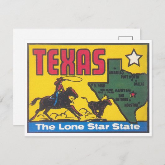 テキサス州ヴィンテージ州デカールとカウボーイ ポストカード (正面/裏面)