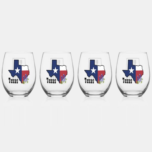 テキサス州国旗とフラワーブルーボンネット(名前をカスタムする付) ステムなしワイングラス (正面)