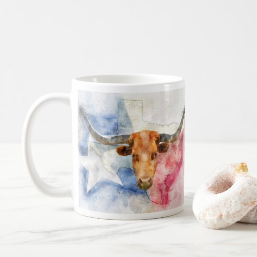 テキサス州地図とフラッグウォーター色を持つロングホーン牛 コーヒーマグカップ (ドーナツ)
