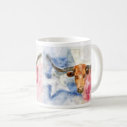 テキサス州地図とフラッグウォーター色を持つロングホーン牛 コーヒーマグカップ (正面右)