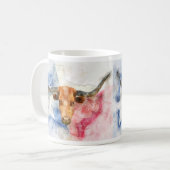 テキサス州地図とフラッグウォーター色を持つロングホーン牛 コーヒーマグカップ (正面左)