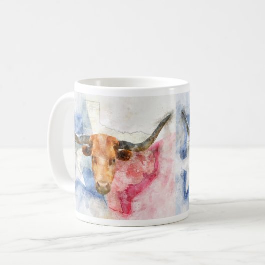 テキサス州地図とフラッグウォーター色を持つロングホーン牛 コーヒーマグカップ (正面左)