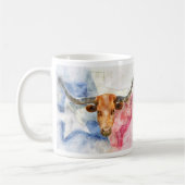 テキサス州地図とフラッグウォーター色を持つロングホーン牛 コーヒーマグカップ (左)