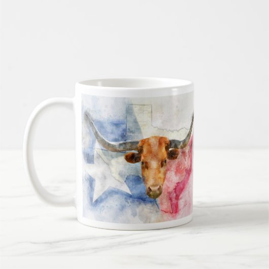 テキサス州地図とフラッグウォーター色を持つロングホーン牛 コーヒーマグカップ (左)