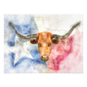 テキサス州地図とフラッグウォーター色を持つロングホーン牛 フォトプリント            (正面)