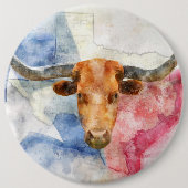 テキサス州地図とフラッグウォーター色を持つロングホーン牛 缶バッジ (正面)