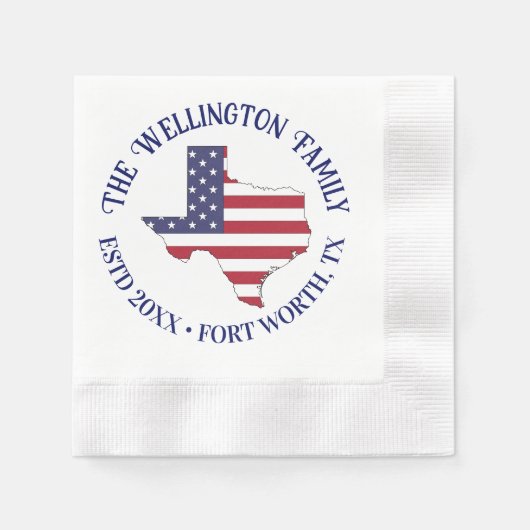テキサス州州マップストライプ星のファミリ名日付場所 縁ありカクテルナプキン (正面)
