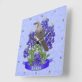 テキサス州州モッキンバード&ブルーボンネットフラワー スクエア壁時計 (傾斜)