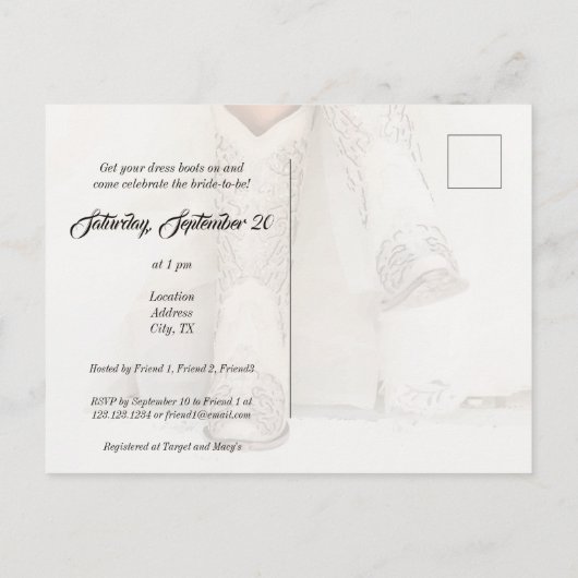 テキサス州新婦インブーツブライダルシャワー 案内ポストカード (裏面)