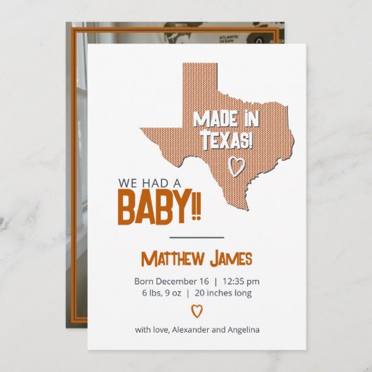 テキサス州産 焼きオレンジ色 ヘアリングパターン 赤ちゃんの写真 案内状 (正面/裏面)