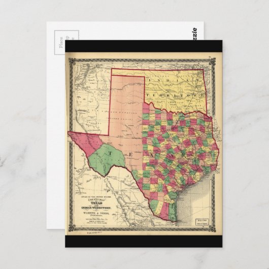 テキサス州県とインディアン県の地図(1874) ポストカード (正面/裏面)