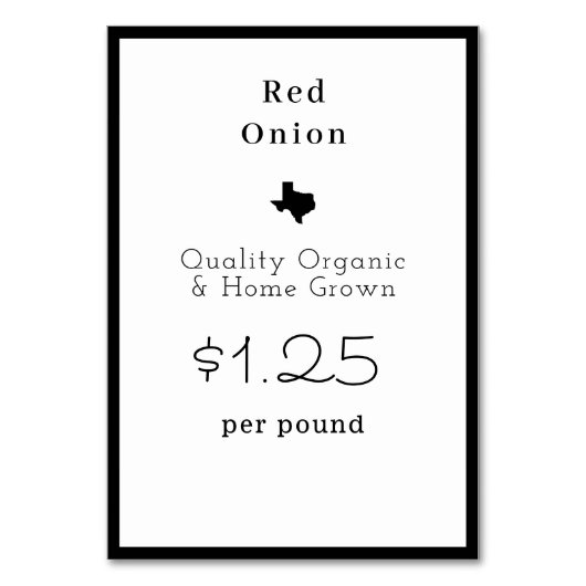 テキサス州農家市場の食品ネームカード テーブルナンバー (正面)