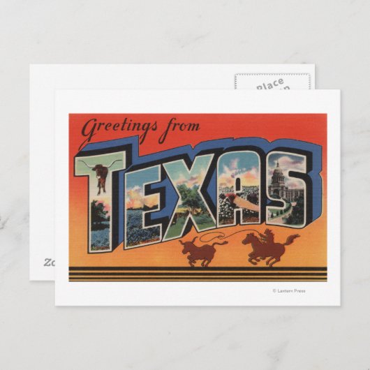 テキサス州(カウボーイローピングブル)ラージ文字シーン ポストカード (正面/裏面)