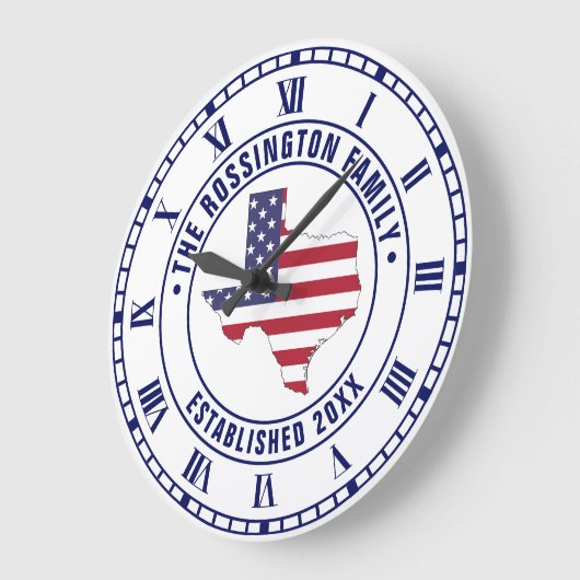 テキサス州USAスターズストライプズMapファミリー名Dt Estd ラージ壁時計 (傾斜)