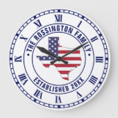テキサス州USAスターズストライプズMapファミリー名Dt Estd ラージ壁時計 (正面)
